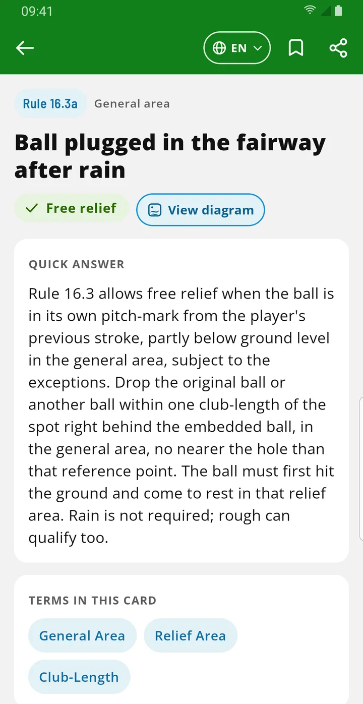 EasyGolf Learn situation card: Ball plugged in the fairway after rain, Rule 16.3a, Free relief, with the quick answer.