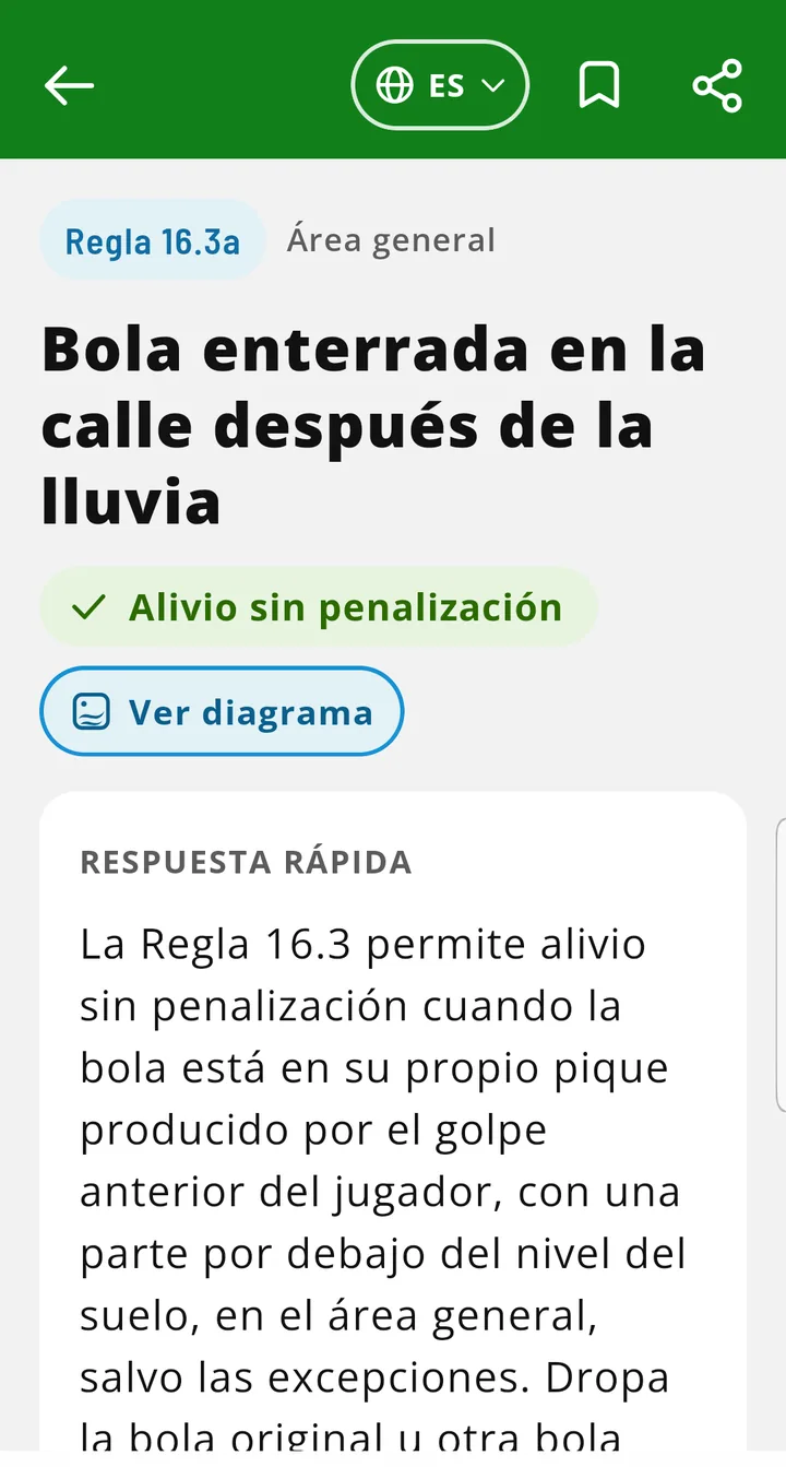 Ficha de situación de EasyGolf Learn: Bola enterrada en la calle después de la lluvia, Regla 16.3a, alivio sin penalización, con la respuesta rápida.