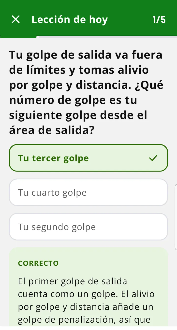 Pregunta de la lección de hoy respondida correctamente, con la explicación y la referencia a la Regla.
