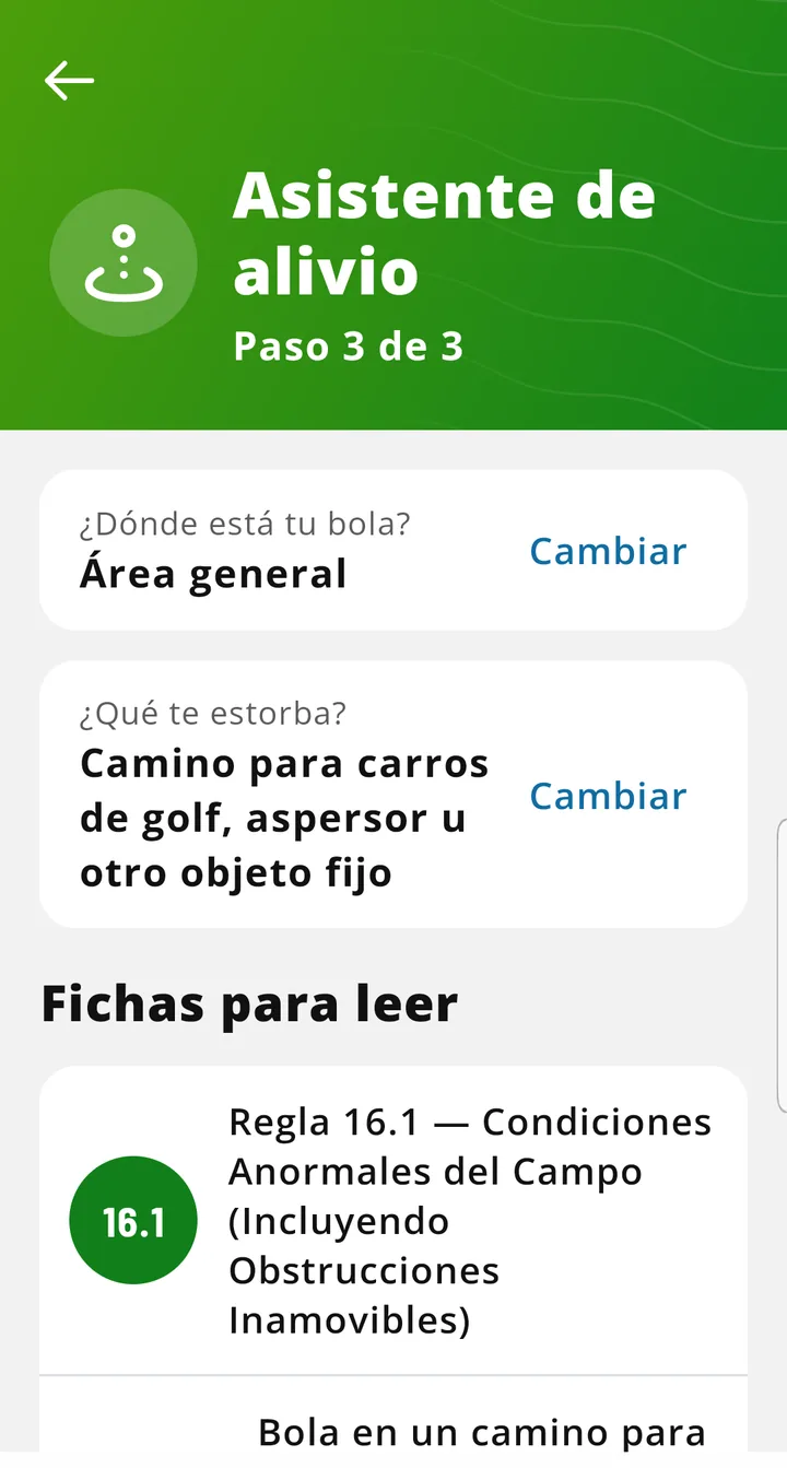 Asistente de alivio, paso 3: fichas para leer con la bola en un camino para carros de golf en el área general.