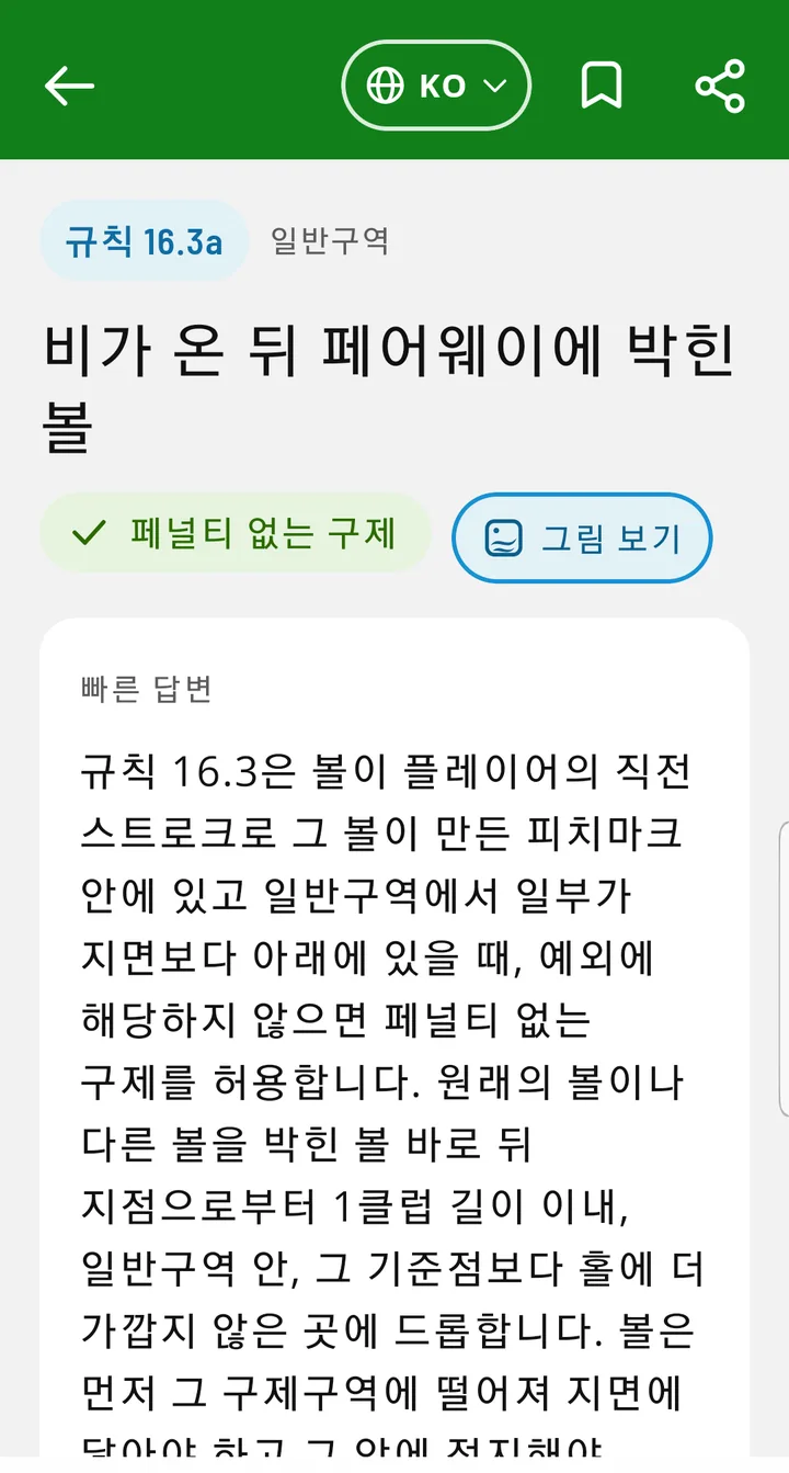 EasyGolf Learn 상황 카드: 비가 온 뒤 페어웨이에 박힌 볼, 규칙 16.3a, 페널티 없는 구제, 빠른 답 포함.