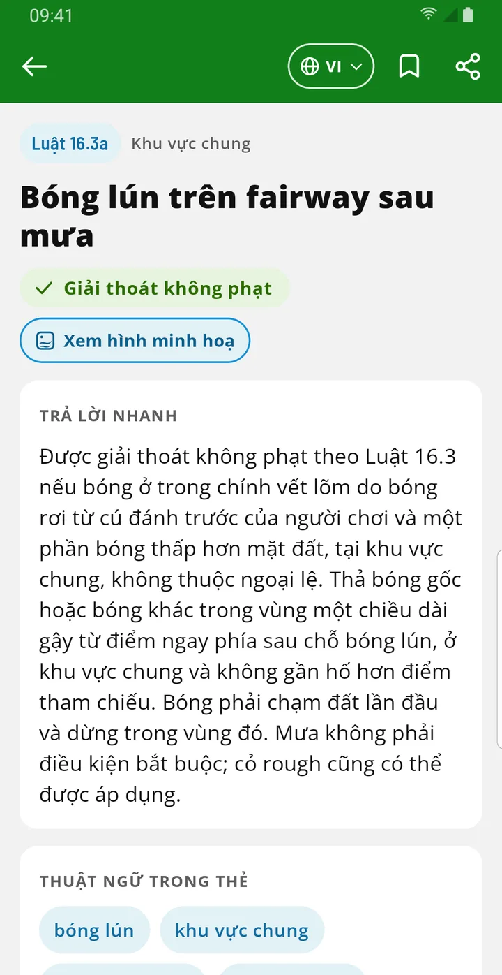 Thẻ tình huống EasyGolf Learn: Bóng lún trên fairway sau mưa, Luật 16.3a, giải thoát không phạt, kèm phần trả lời nhanh.