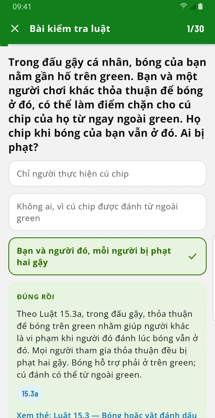 Câu hỏi trong bài kiểm tra luật đã trả lời đúng, kèm giải thích và số luật.